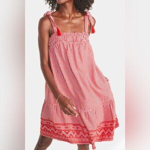 Cottagecore Gingham Tiered Mini Dress Tassel Smocked Embroidered Picnic Prairie